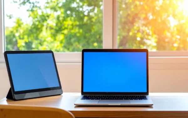 Prijenosni monitor sa stalkom postavljen pored laptopa na radnom stolu ispred prozora.