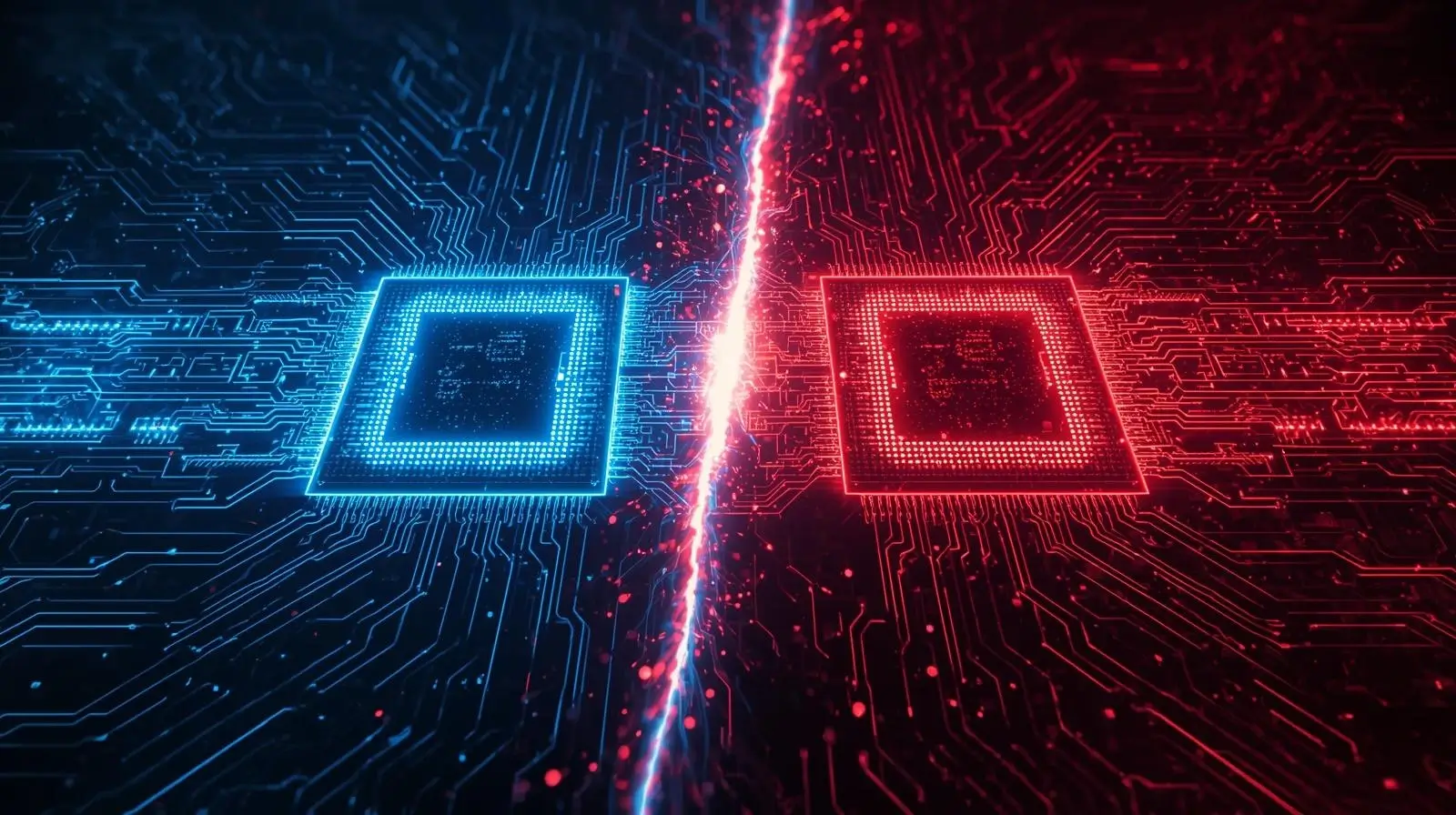 Ilustracija dva procesorska čipa na digitalnoj matičnoj ploči, jedan u neon plavoj i drugi u neon crvenoj boji, koji simboliziraju rivalstvo između Intela i AMD-a.