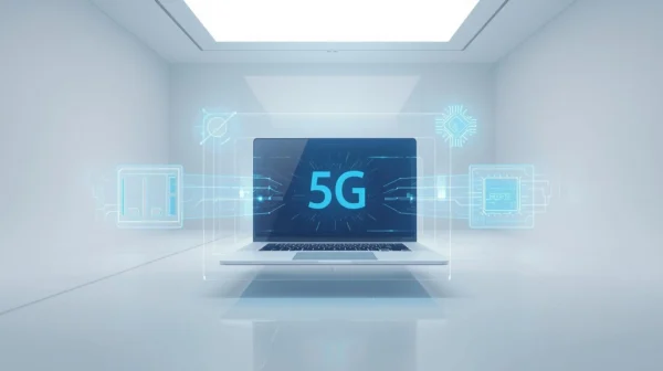Moderno bijelo prijenosno računalo koje lebdi u futurističkom minimalističkom prostoru s istaknutim 5G simbolom i hologramima mikročipova.