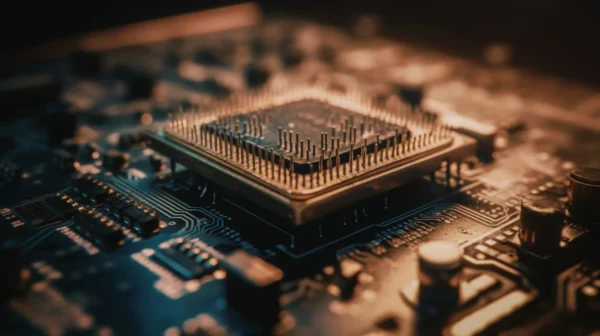 Makro snimka procesora instaliranog na matičnu ploču s detaljnim prikazom zlatnih pinova i elektroničkih sklopova pod toplim, dramatičnim osvjetljenjem.