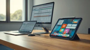 Moderno drveni radni stol s tri uređaja u nizu: otvoreni laptop s lijeve strane, veliki stolni monitor u sredini s prikazom tablica i uspravni tablet s desne strane s početnim zaslonom u boji i olovkom na vrhu. Izgleda kao usporedba radnog prostora s monitorom i tableta za produktivnost.