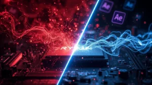 Dvobojna slika matične ploče podijeljena na crvenu i plavu stranu. Na crvenoj strani (lijevo) nalazi se "AMD RYZEN" procesor s crvenim svjetlosnim nitima koje se šire prema gore, simbolizirajući multi-core performanse za video montažu. Na plavoj strani (desno) nalaze se ikone za Adobe After Effects (Ae) s plavim svjetlosnim nitima, simbolizirajući optimizaciju i brzinu za kreativne alate. Središnja plava svjetlosna traka dijeli dva svijeta, naglašavajući izbor između dva proizvođača procesora.