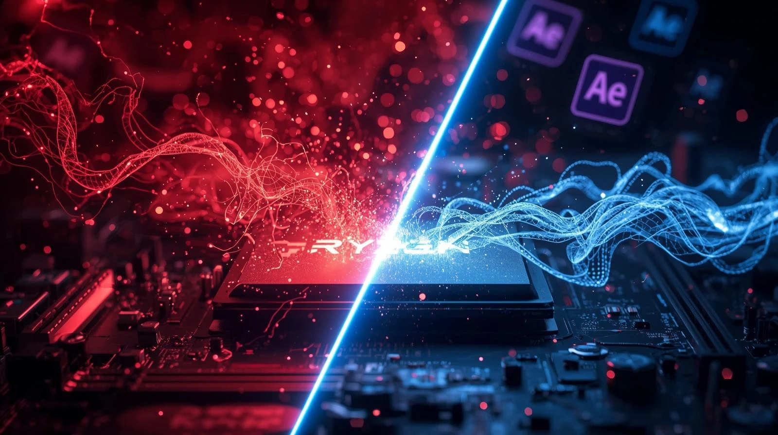 Dvobojna slika matične ploče podijeljena na crvenu i plavu stranu. Na crvenoj strani (lijevo) nalazi se "AMD RYZEN" procesor s crvenim svjetlosnim nitima koje se šire prema gore, simbolizirajući multi-core performanse za video montažu. Na plavoj strani (desno) nalaze se ikone za Adobe After Effects (Ae) s plavim svjetlosnim nitima, simbolizirajući optimizaciju i brzinu za kreativne alate. Središnja plava svjetlosna traka dijeli dva svijeta, naglašavajući izbor između dva proizvođača procesora.