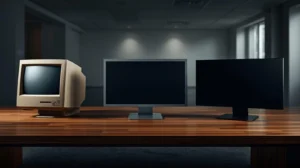 Tri monitora poredana na dugačkom drvenom stolu, koji prikazuju evoluciju tehnologije. S lijeva na desno: stari, krem-bež CRT monitor, srednji crni LCD monitor i moderni, tanji crni LED monitor. Svi zasloni su isključeni i crni. Pozadina je zamućeni uredski prostor.
