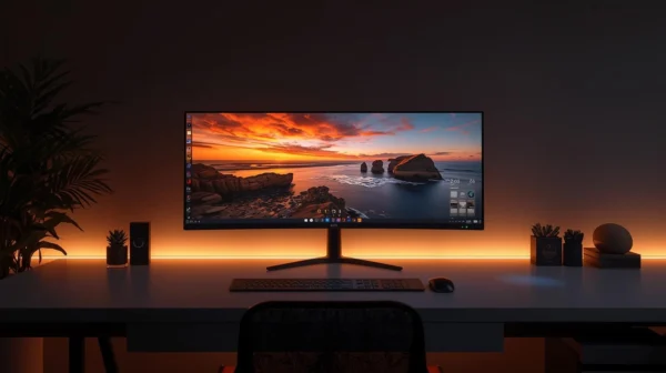 Moderna radna stanica s velikim ultrawide monitorom koji prikazuje sliku zalaska sunca na oceanu. Iza monitora je jantarno LED pozadinsko osvjetljenje. Na stolu se nalaze tipkovnica, miš, saksije s biljkama i ukrasi. Lijevo je velika sobna palma.