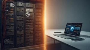Usporedni prikaz evolucije računala: lijevo masivni mainframe sustav s magnetnim vrpcama iz 1950-ih, desno moderan tanak laptop na uredskom stolu.