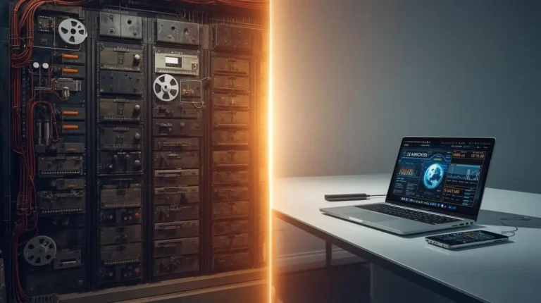 Usporedni prikaz evolucije računala: lijevo masivni mainframe sustav s magnetnim vrpcama iz 1950-ih, desno moderan tanak laptop na uredskom stolu.