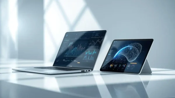 Moderno prijenosno računalo i tablet s prikazom složene grafičke analize podataka na bijelom minimalističkom stolu.
