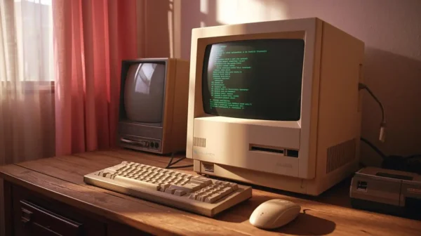 Staro osobno računalo iz 1980-ih s glomaznim monitorom, mehaničkom tipkovnicom i disketnom jedinicom na drvenom stolu.